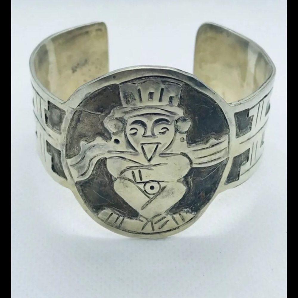 Vintage, Mayan Mexico Sterling Silver Cuff Bracelet, 5 3/4” Inside